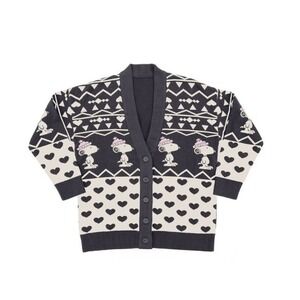 Peanuts Snoopy Heart Fair Isle Cardigan Women's Charcoal V-Neck Button Small NWT
